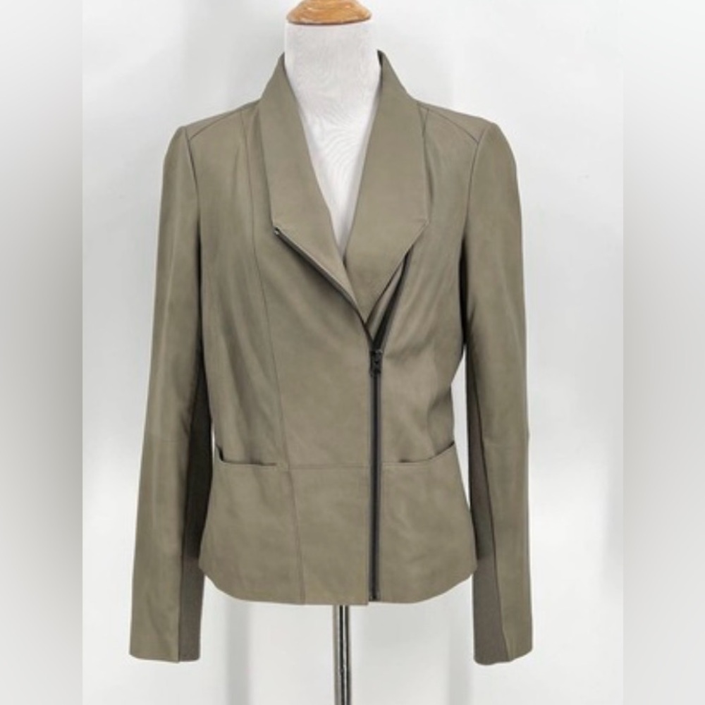 VINCE Leather Jacket Womens Small Light Olive Taupe Asymmetrical Crossover Moto